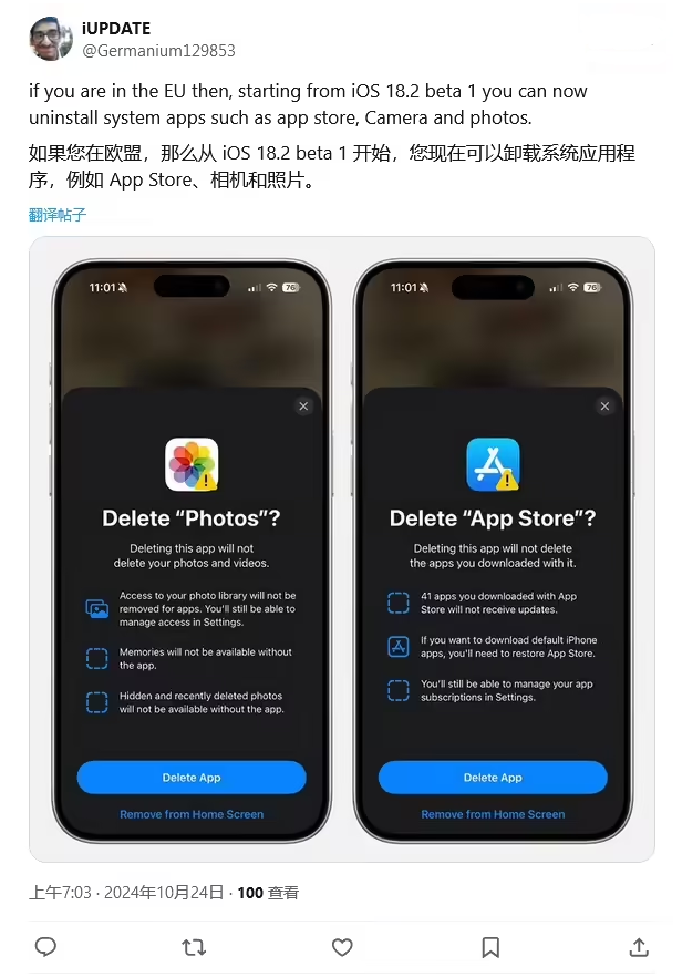 香洲苹果手机维修分享iOS 18.2 支持删除 App Store 应用商店 